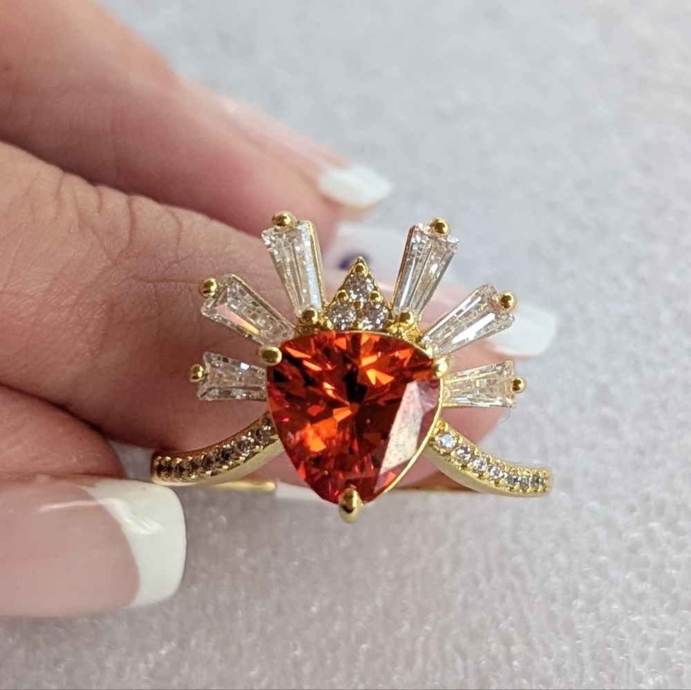 NWT Bomb Party "Egyptian Sunburst" LC Orange Sapphire White Topaz Gold Sz 9 Ring
